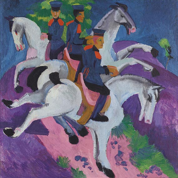 Illustration  for: E. L. Kirchner, Reitende Artilleristen (Artillerymen on horseback), 1915, oil on canvas, private collection.