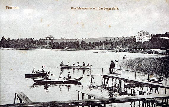 Illustration  for: Postkarte &bdquo;Murnau. Staffelseepartie mit Landungsplatz&ldquo;, um 1900.