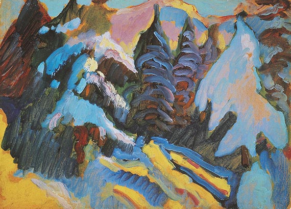 Illustration  for: Wassily Kandinsky, Kochel &ndash; Verschneite B&auml;ume (Kochel &ndash; Snow-laden Trees), 1909, oil on cardboard, Lenbachhaus M&uuml;nchen.