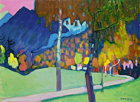 Illustration  for:  Wassily Kandinsky, Herbststudie bei Oberau (Autumn Study near Oberau), 1908, oil on cardboard, Lenbachhaus, Munich. 