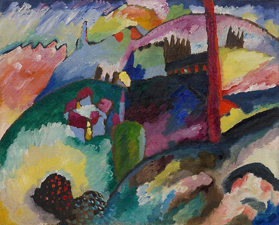 Illustration  for:   Wassily Kandinsky, Landschaft mit Fabrikschornstein (Landscape with Factory Chimney), 1910, oil on canvas, Solomon R. Guggenheim Museum, New York. 