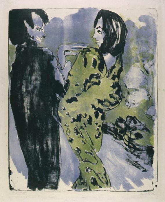 Illustration for: Emil Nolde, Junges Paar (Young Couple), 1913, color lithograph.© Nolde Stiftung Seebüll
